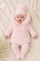 Martin Aranda baby pink knitted baby pom pom hat with faux fur pom pom made in Spain AW26