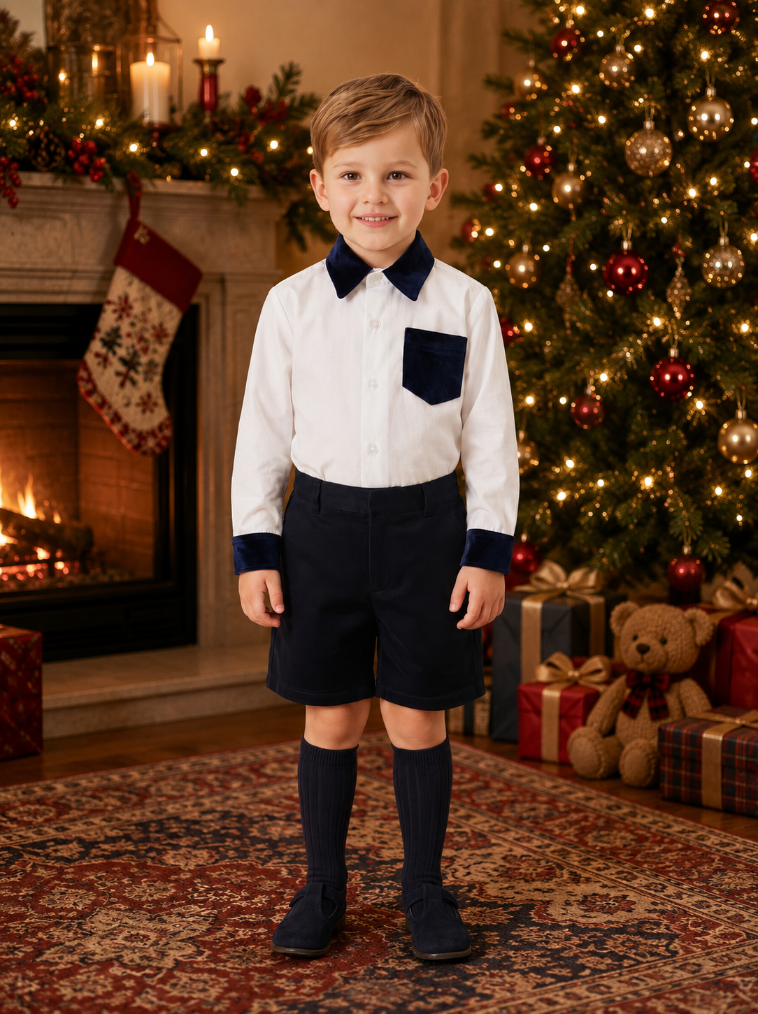 A young boy stands in a holiday-themed room wearing a white long-sleeve shirt with dark navy collar, cuffs, and chest pocket, paired with navy shorts and navy knee-high socks. A decorated Christmas tree, fireplace, and gifts are visible in the background.
