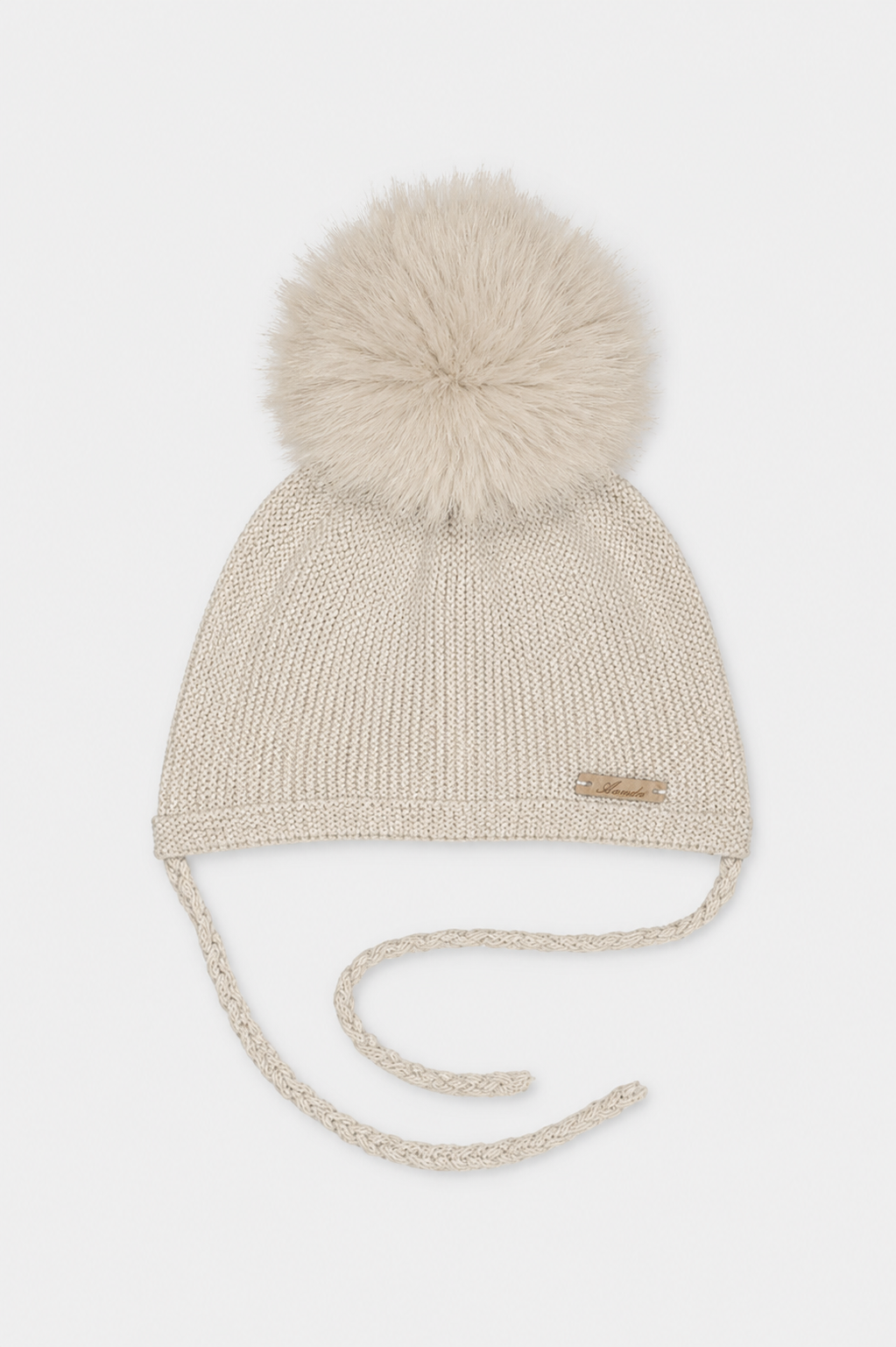 Martin Aranda beige knitted baby pom pom hat with faux fur pom pom made in Spain AW26