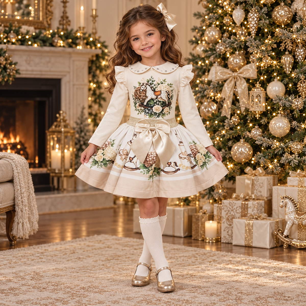 A young girl stands in a decorated holiday living room wearing a cream and gold Christmas dress with embroidered woodland motifs, white knee-high socks, and gold shoes. A Christmas tree, fireplace, and wrapped gifts are visible in the background.