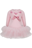 A pink long-sleeve dress featuring a tulle tutu skirt, a pink  bow at the center chest, and three pink heart appliqués embellished with pearl-like beads on the upper chest.