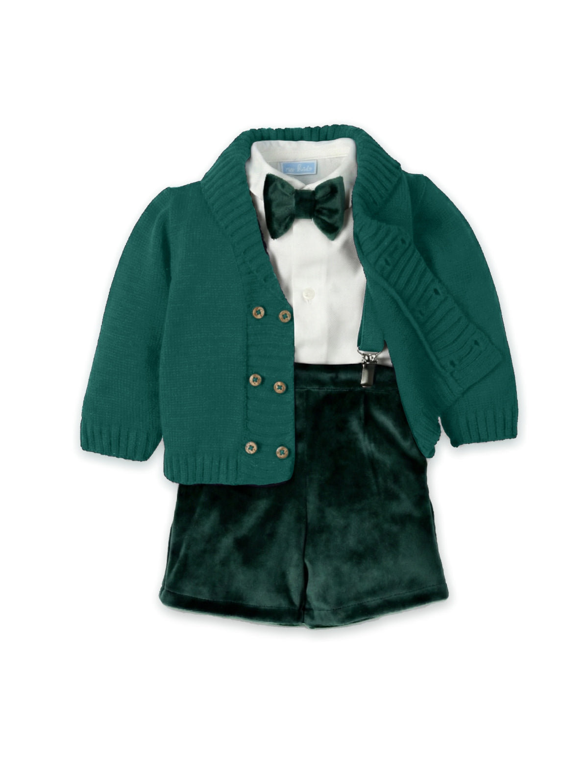 A baby boy's formal outfit set featuring a dark green knit cardigan, matching velvet shorts, a white shirt, a green bow tie, and suspenders, displayed on a white background.