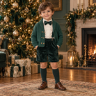Boys Forest Green Velvet Shorts, Shirt and Matching Cardigan with Dickie Bow Tie for Christmas AW26 by Mac Ilusion. 