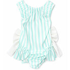 Girls mint green stripe swimsuit with frill trim ages 2 to 12