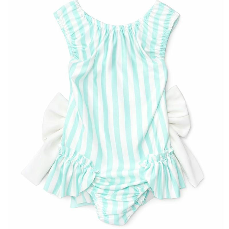Girls mint green stripe swimsuit with frill trim ages 2 to 12