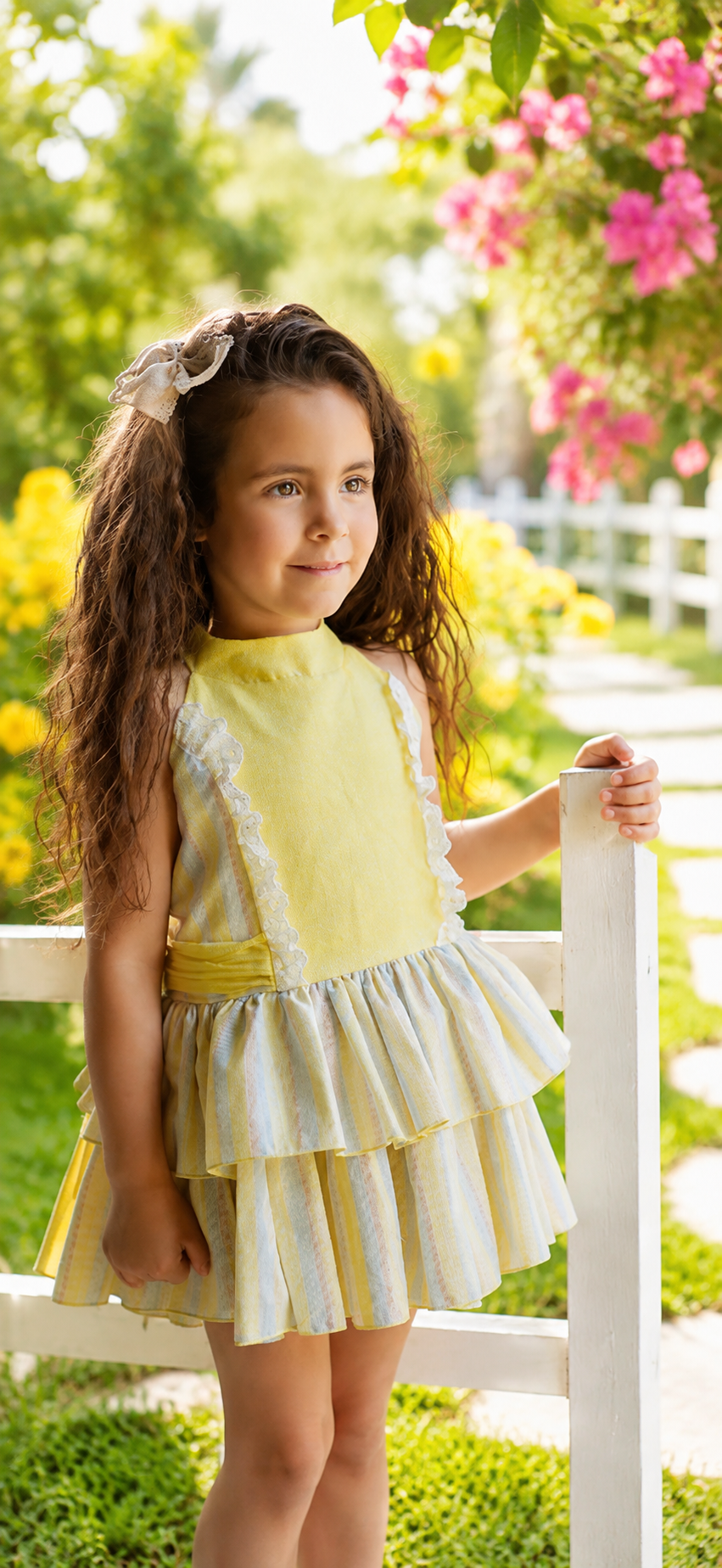 A young girl with long brown hair stands outdoors on a white fence in a sunny garden, wearing a yellow sleeveless dress with white lace trim and a tiered skirt.