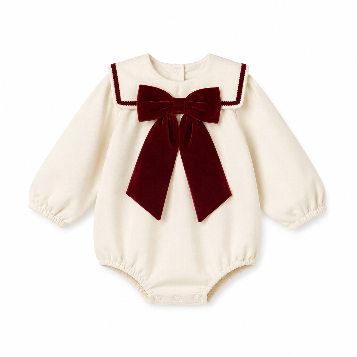 An off-white long-sleeve baby bodysuit featuring a large dark red velvet bow and matching trim on the collar, displayed against a solid white background.