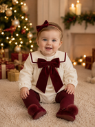 Be Chic baby girls ivory romper with burgundy velvet bow and sailor collar made in Portugal AW26