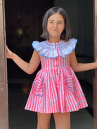 Baby girls Neon pink stripe Spanish dress with frill collar La Peppa