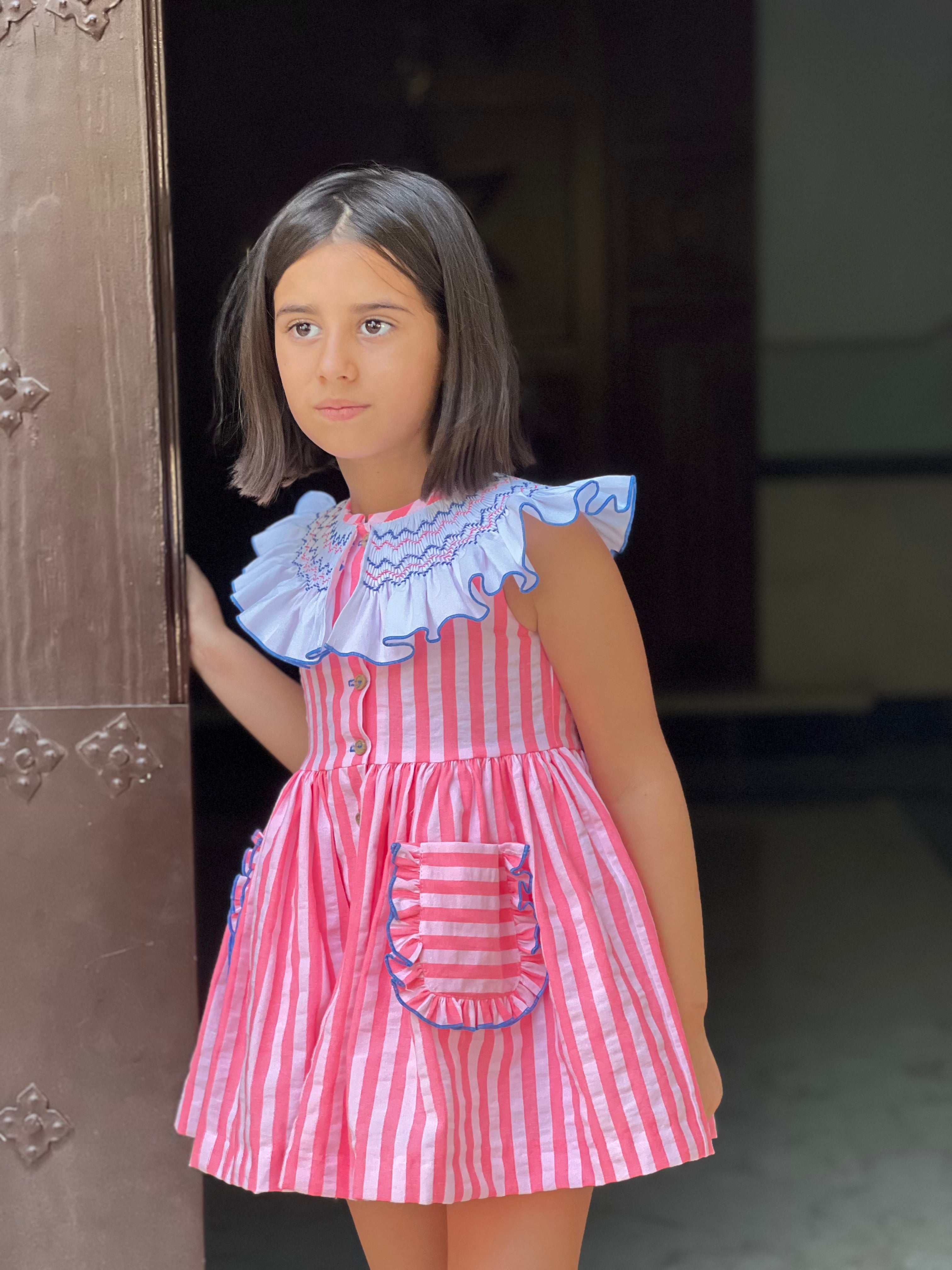 Baby girls pink stripe Spanish dress with frill collar La Peppa