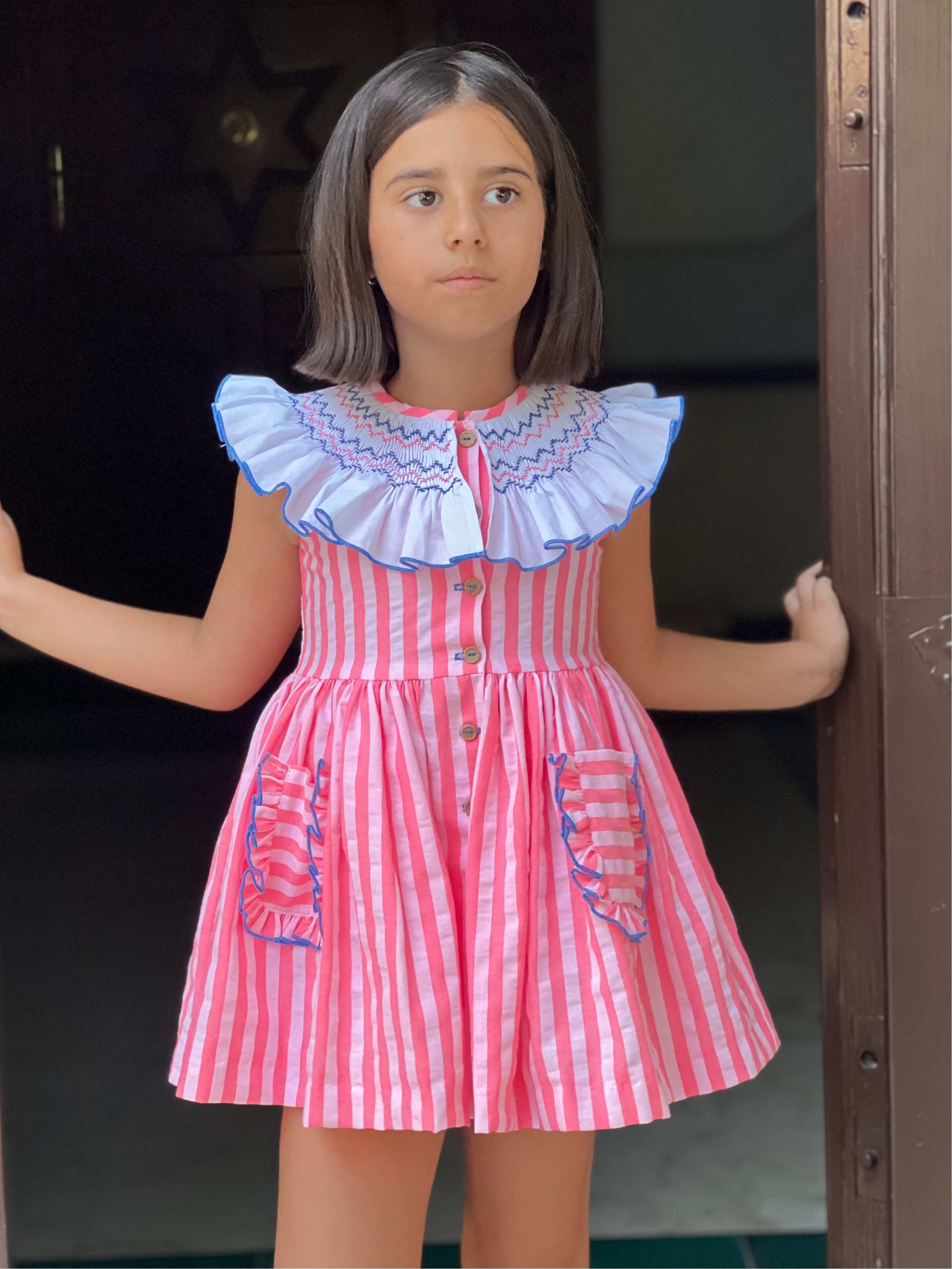 La Peppa baby girls neon pink stripe dress smocked collar SS26