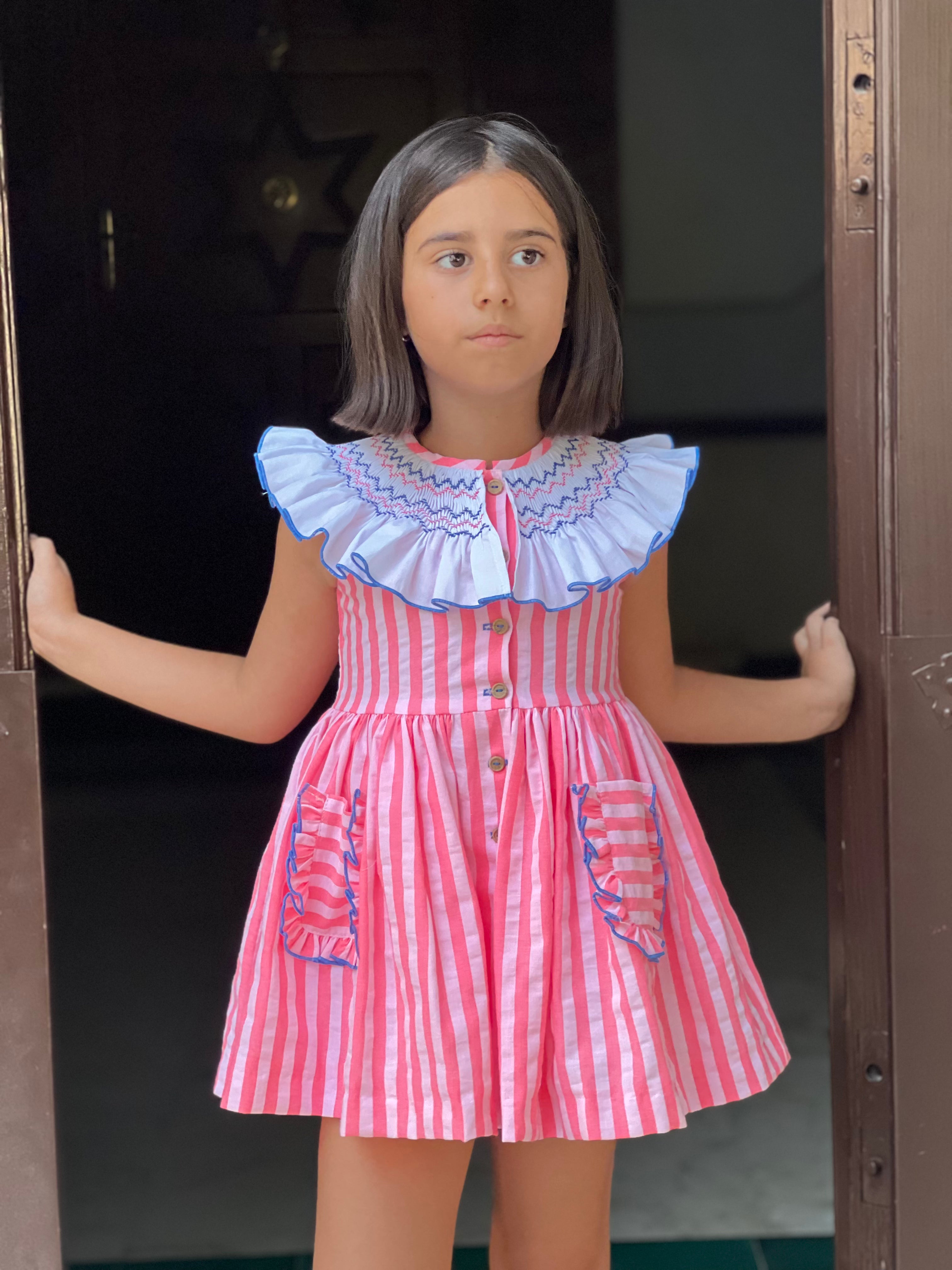 La Peppa baby girls neon pink stripe dress smocked collar SS26