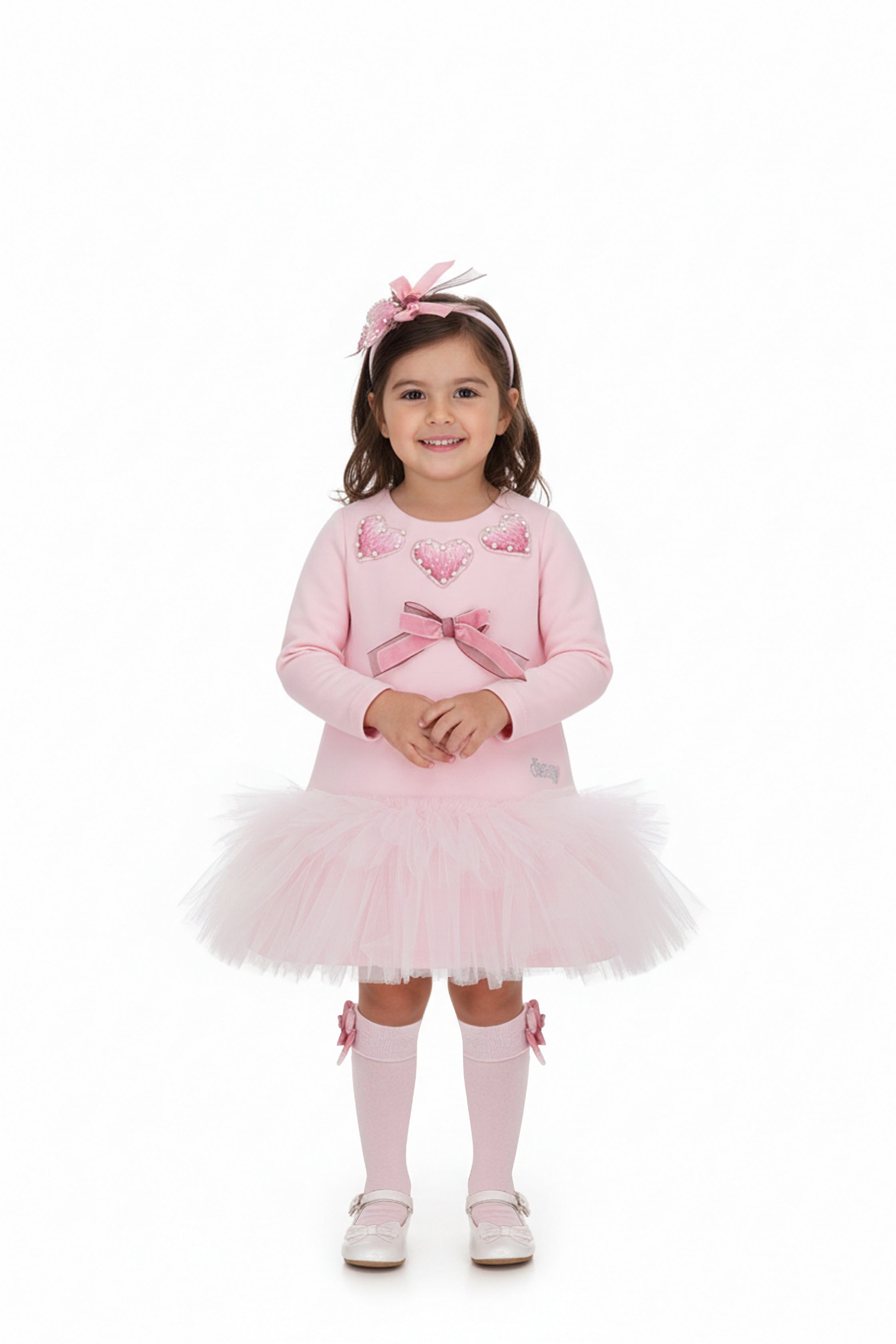 DAGA AW26 Love Story Collection Girls Pink Knee High Bow Socks with matching dress.