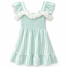 Girls mint green stripe smocked summer dress with ivory bow shoulders ages 4 to 14