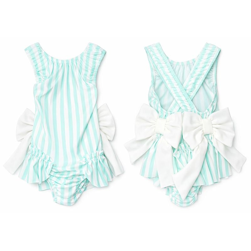 Girls mint green stripe swimsuit with frill trim ages 2 to 12