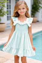 Girls mint green stripe smocked summer dress with ivory bow shoulders ages 4 to 14