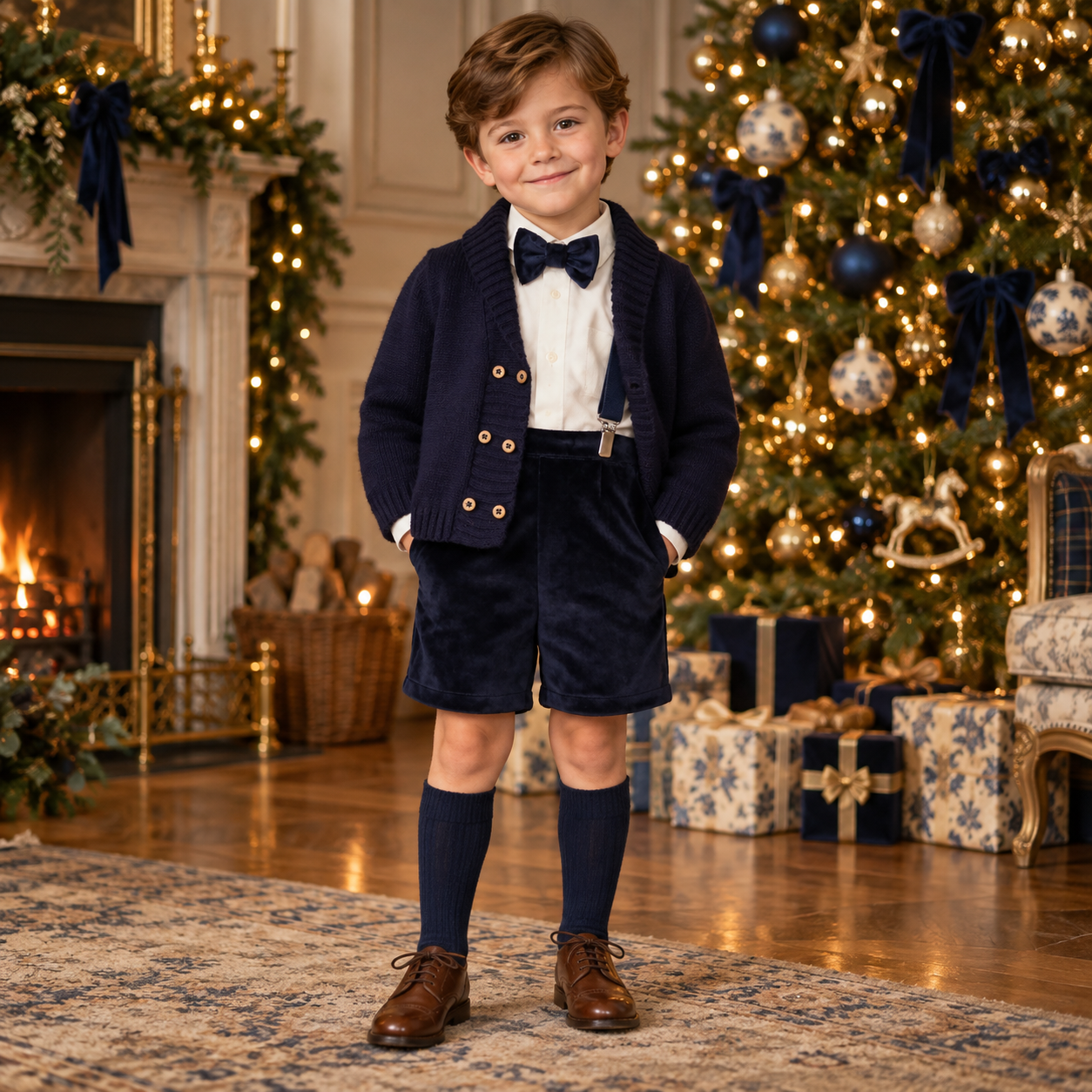 Mac Ilusion boys Navy shorts, shirt, cardigan and bow tie set for Christmas 2026. 