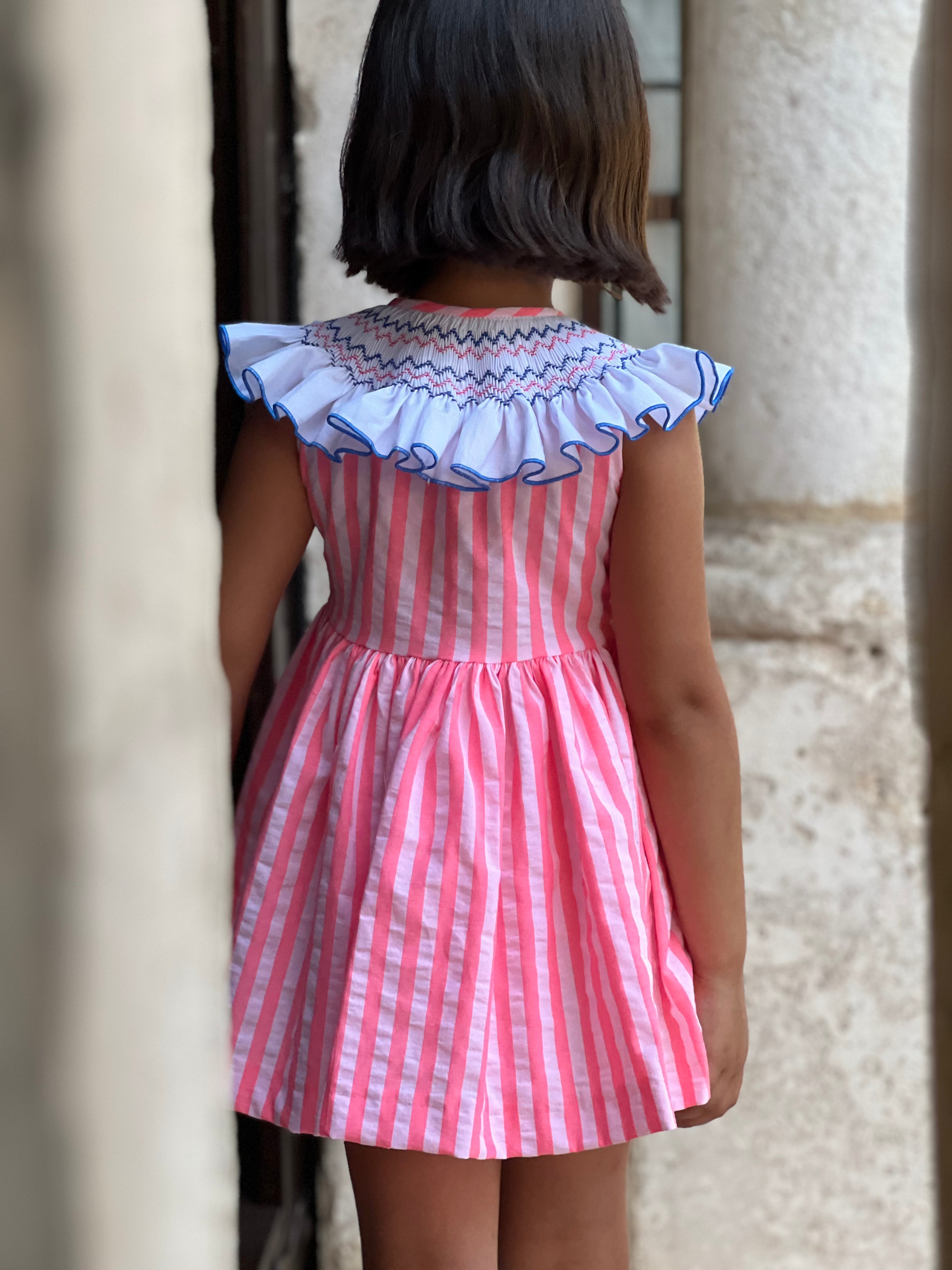 La Peppa baby girls dress Neon pink striped smocked collar outfit