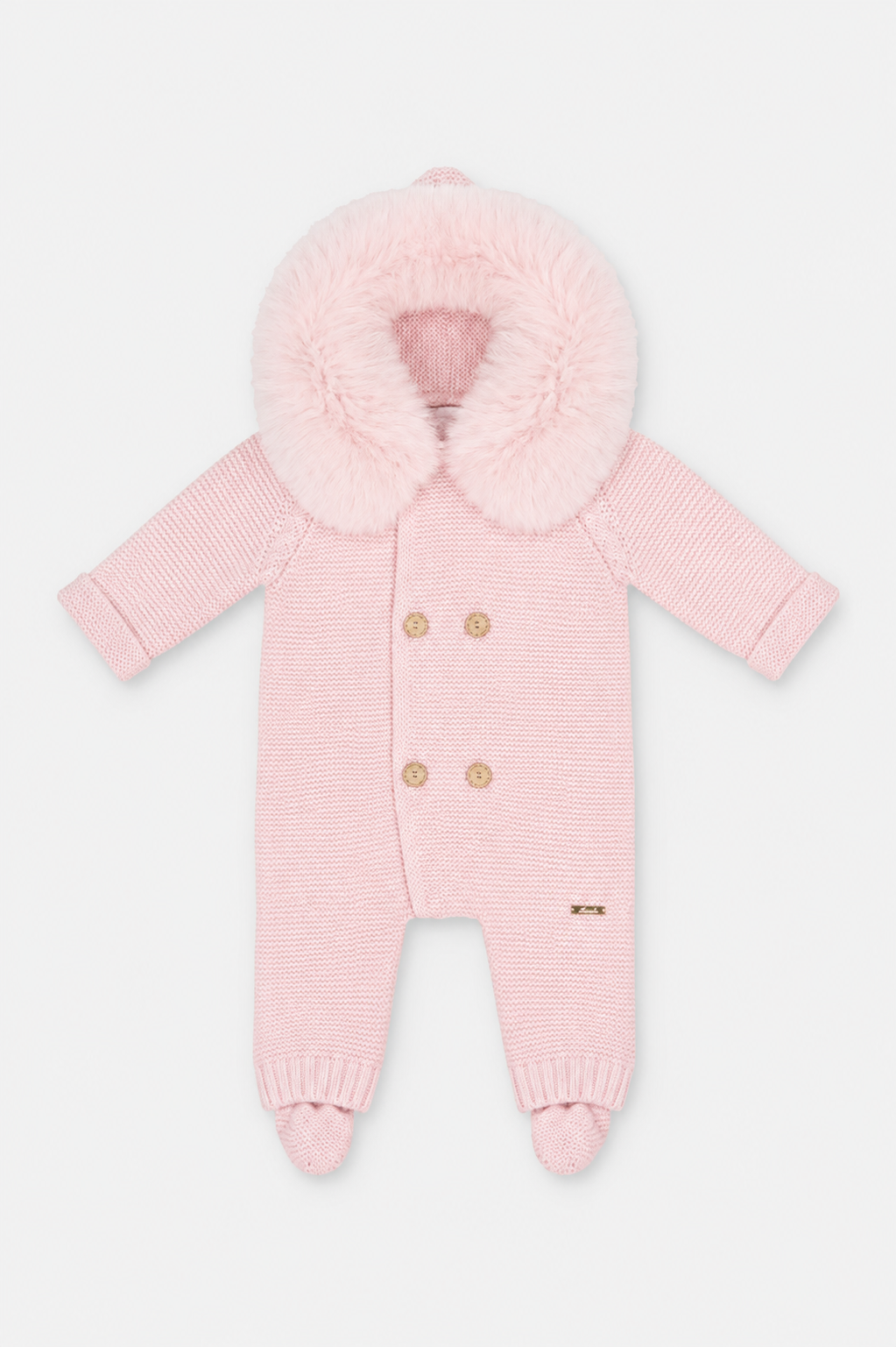 Back of Martin Aranda baby pink knitted pramsuit with faux fur hood and enclosed feet
