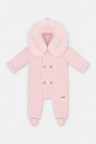 Back of Martin Aranda baby pink knitted pramsuit with faux fur hood and enclosed feet