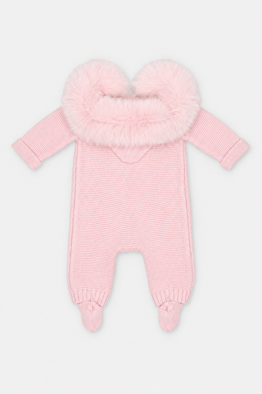 A light pink knit baby footed one-piece with a fluffy faux-fur hood trim, shown against a plain light gray background.