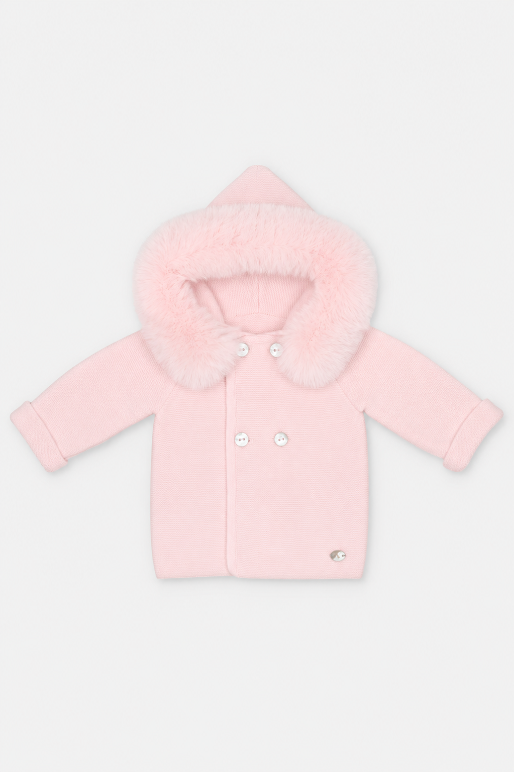 Martin Aranda baby pink knitted baby coat with faux fur hood made in Spain AW26