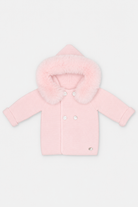 Martin Aranda baby pink knitted baby coat with faux fur hood made in Spain AW26