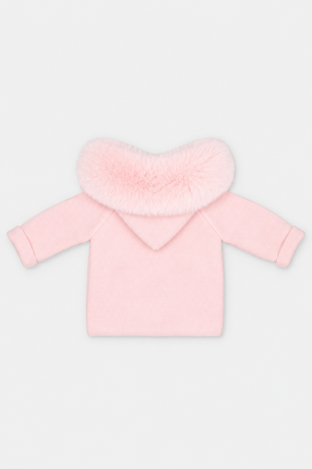 Martin Aranda baby pink knitted baby coat with faux fur hood made in Spain AW26