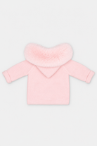 Martin Aranda baby pink knitted baby coat with faux fur hood made in Spain AW26