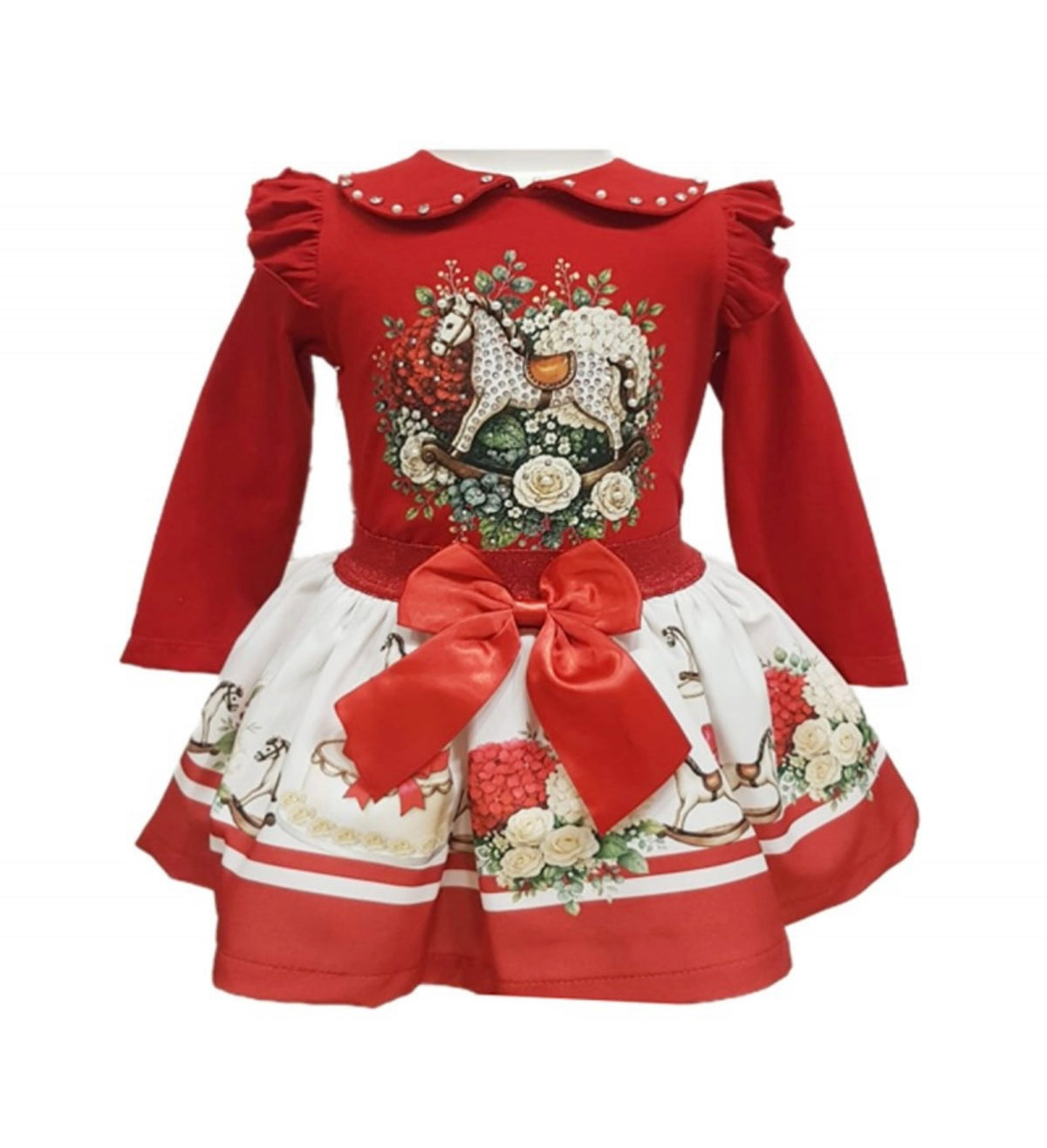 A red and white long-sleeve baby dress featuring a large red bow at the waist, a red Peter Pan collar with white pearl accents, and a ruffled skirt with a horse and floral print.