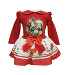 A red and white long-sleeve baby dress featuring a large red bow at the waist, a red Peter Pan collar with white pearl accents, and a ruffled skirt with a horse and floral print.