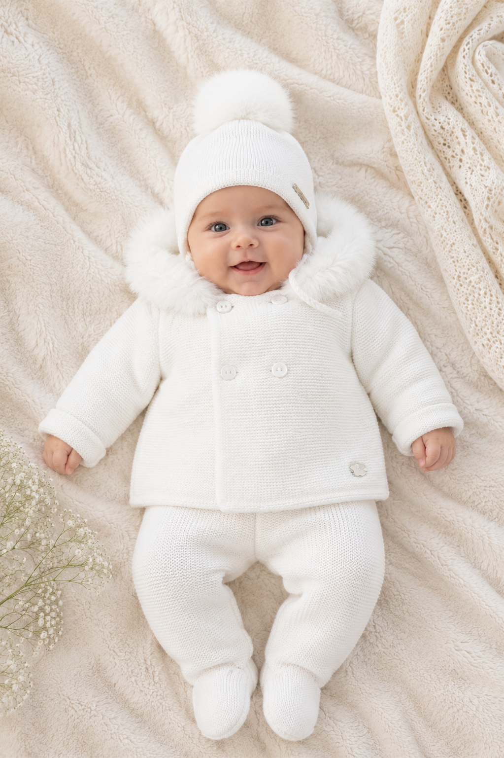 A baby lying on a soft cream blanket wearing a white knit winter outfit with a fluffy faux-fur trimmed hood, matching pom-pom beanie, and booties.