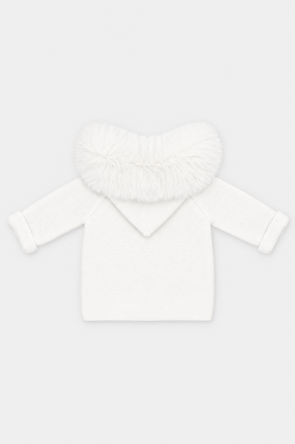 A white long-sleeve baby top with a fluffy faux-fur collar, shown flat on a light gray background.