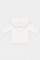 A white long-sleeve baby top with a fluffy faux-fur collar, shown flat on a light gray background.