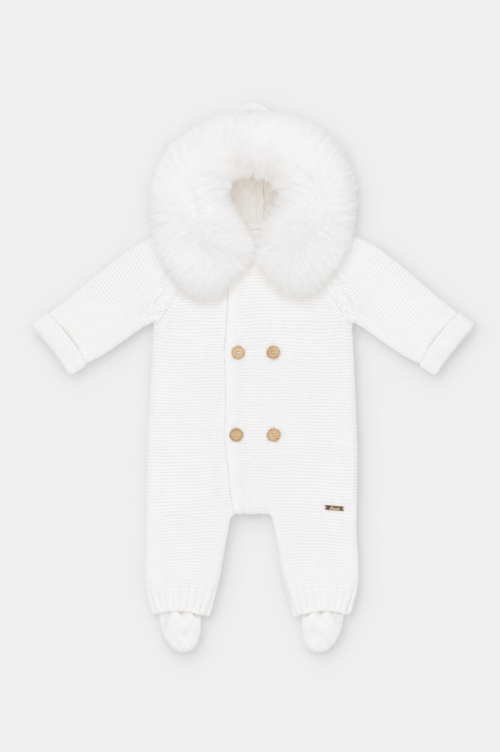 Back of Martin Aranda white knitted baby pramsuit with faux fur hood and enclosed feet