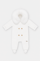 Back of Martin Aranda white knitted baby pramsuit with faux fur hood and enclosed feet