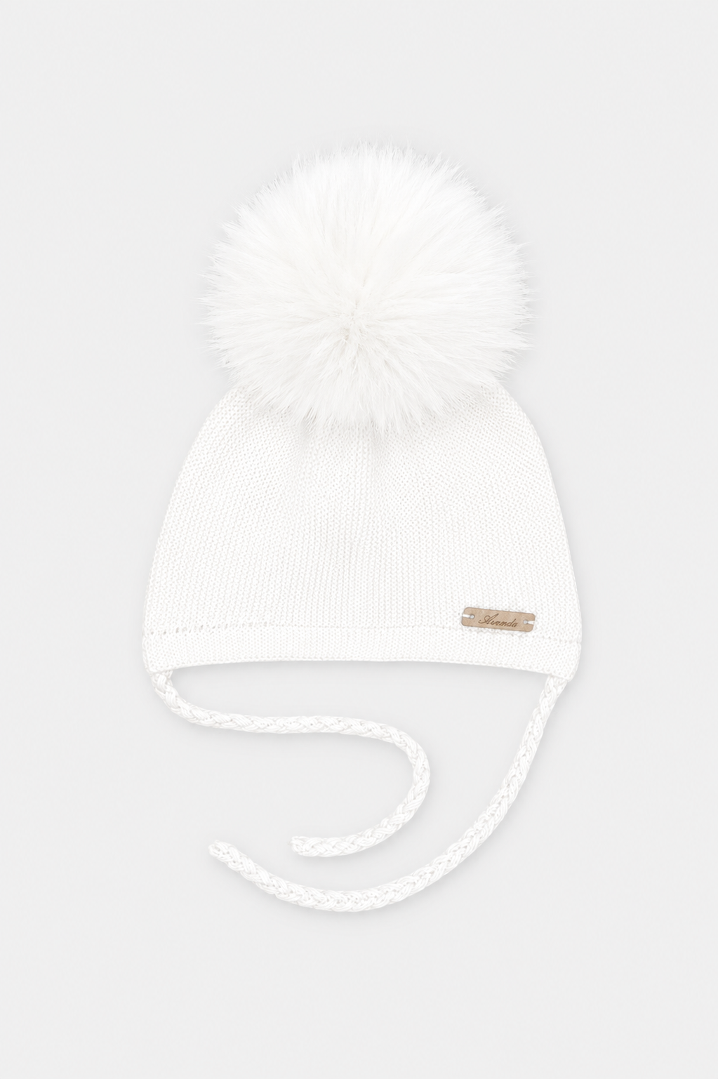 Martin Aranda white knitted baby pom pom hat with faux fur pom pom made in Spain AW26