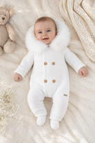 Martin Aranda white knitted baby pramsuit with faux fur hood AW26