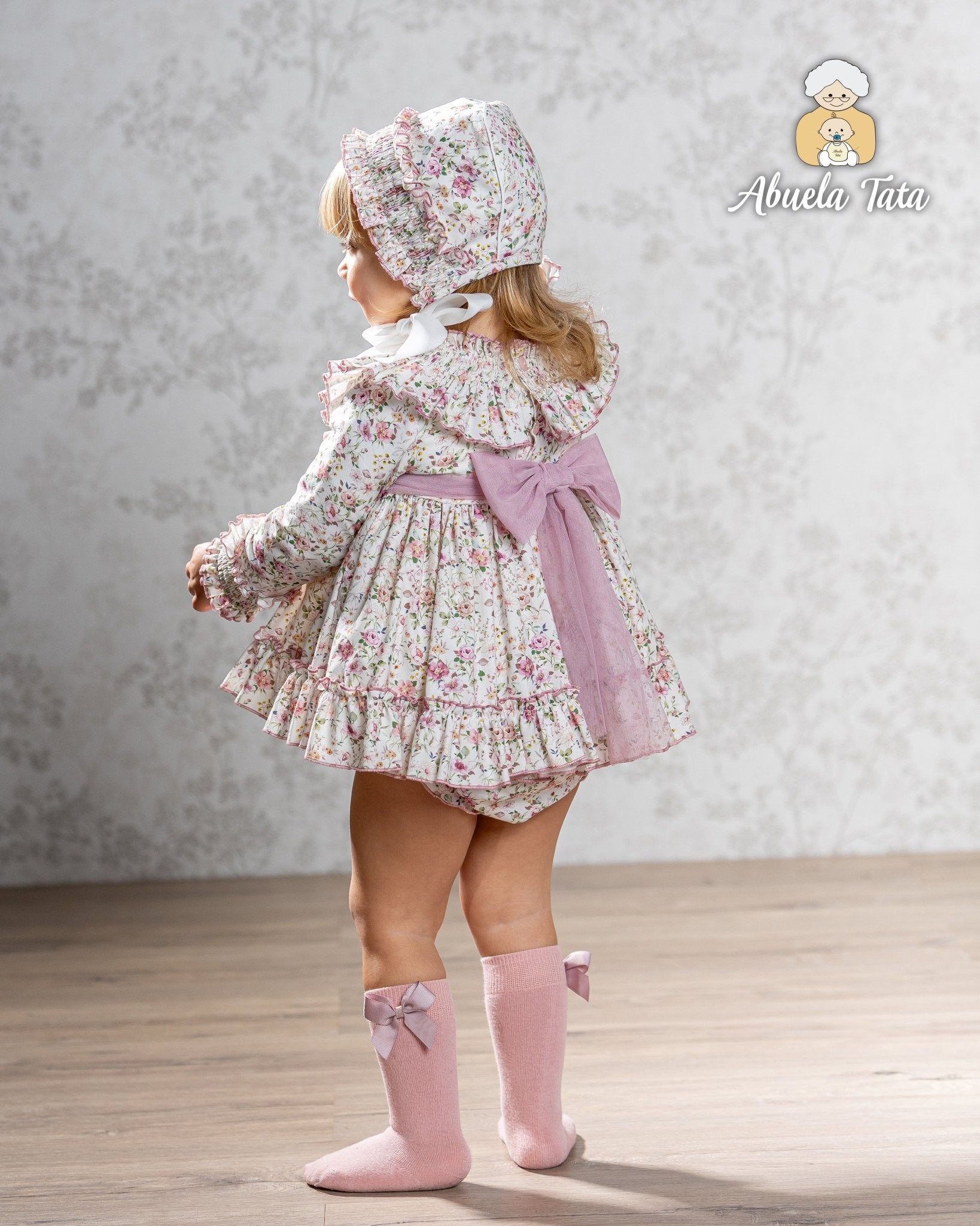 Abuela Tata AW25 - Baby Girls English Rose Dress, Knickers & Bonnet