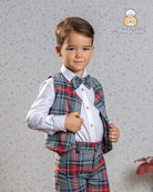 Abuela Tata AW25 - Boys Grey & Red Tartan Shorts, Shirt, Waistcoat & Dickie Bow