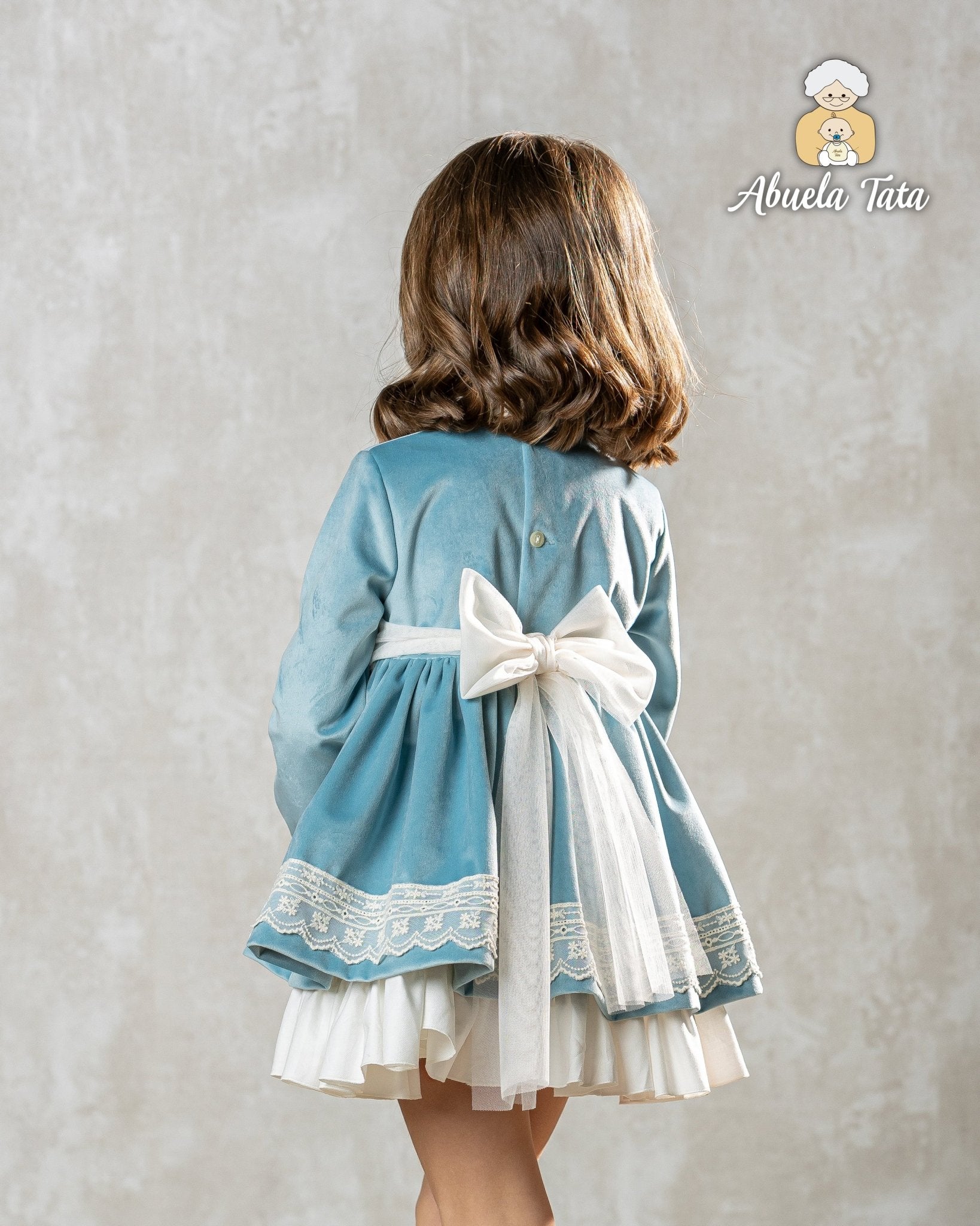 Abuela Tata AW25 - Girls Blue & Cream Dress & Headpiece