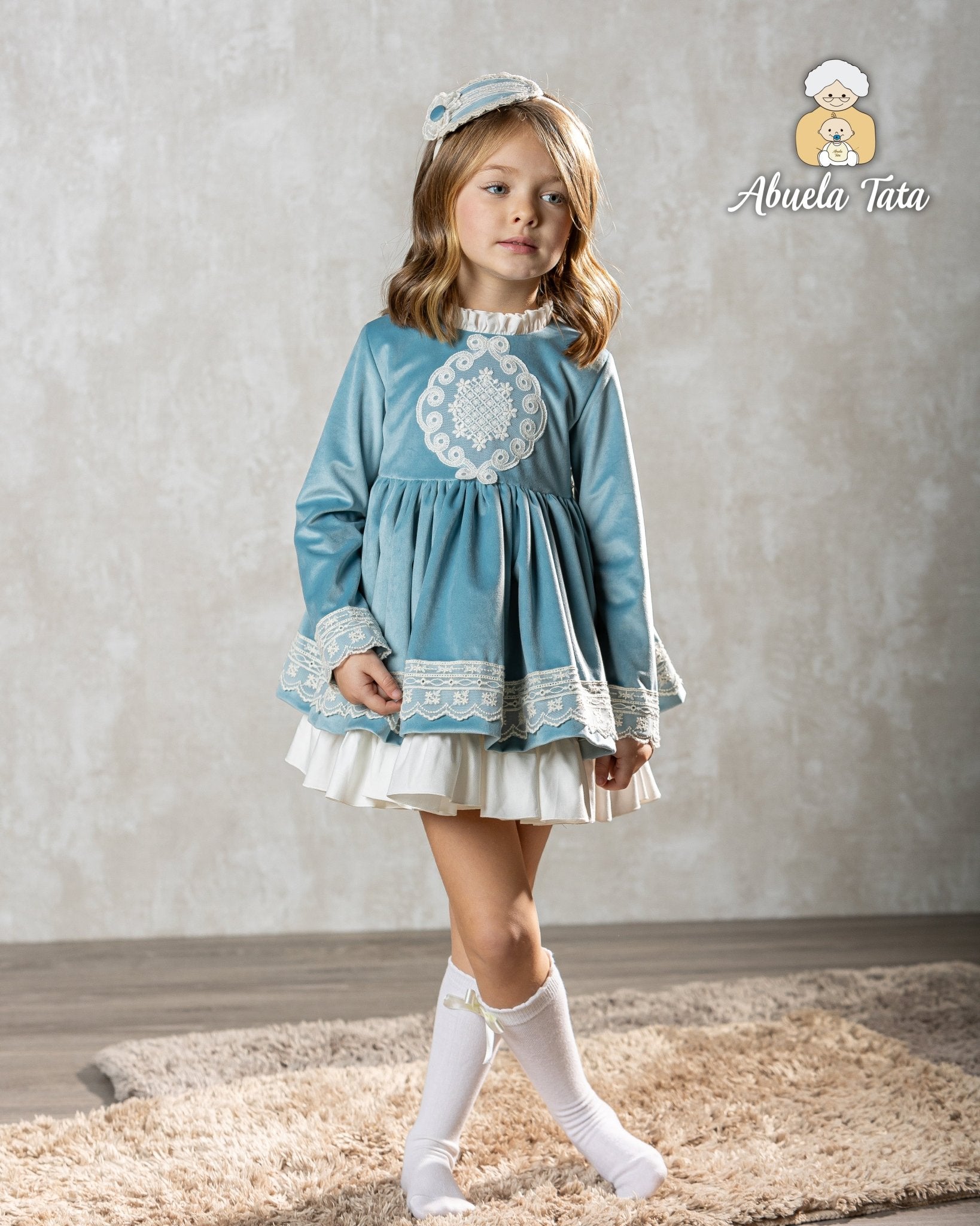 Abuela Tata AW25 - Girls Blue & Cream Dress & Headpiece