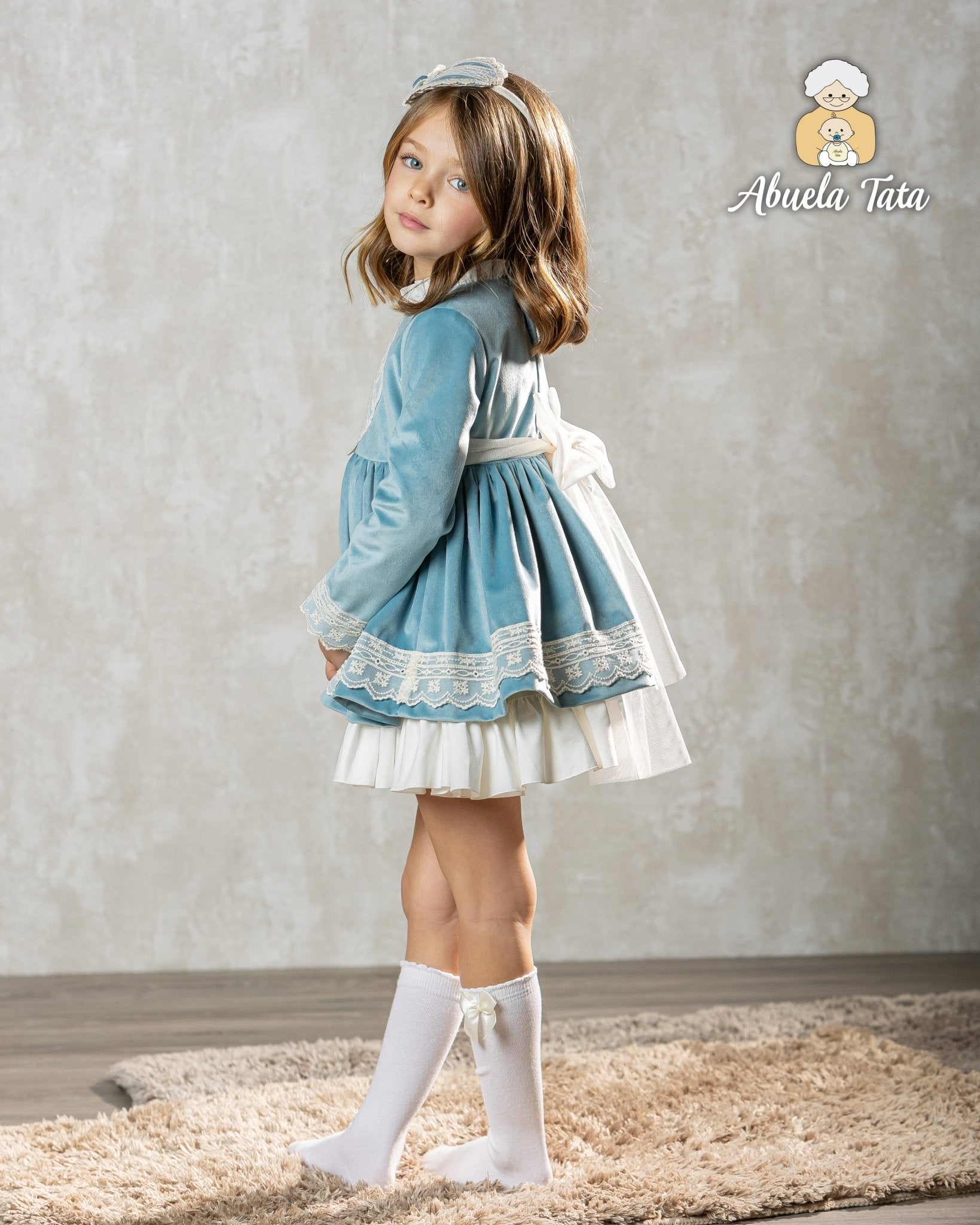 Abuela Tata AW25 - Girls Blue & Cream Dress & Headpiece
