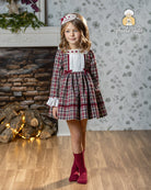 Abuela Tata AW25 - Girls Burgundy Check Dress & Headpiece