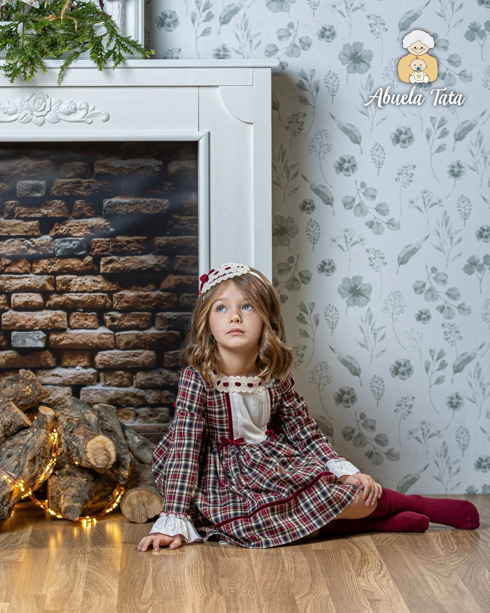 Abuela Tata AW25 - Girls Burgundy Check Dress & Headpiece