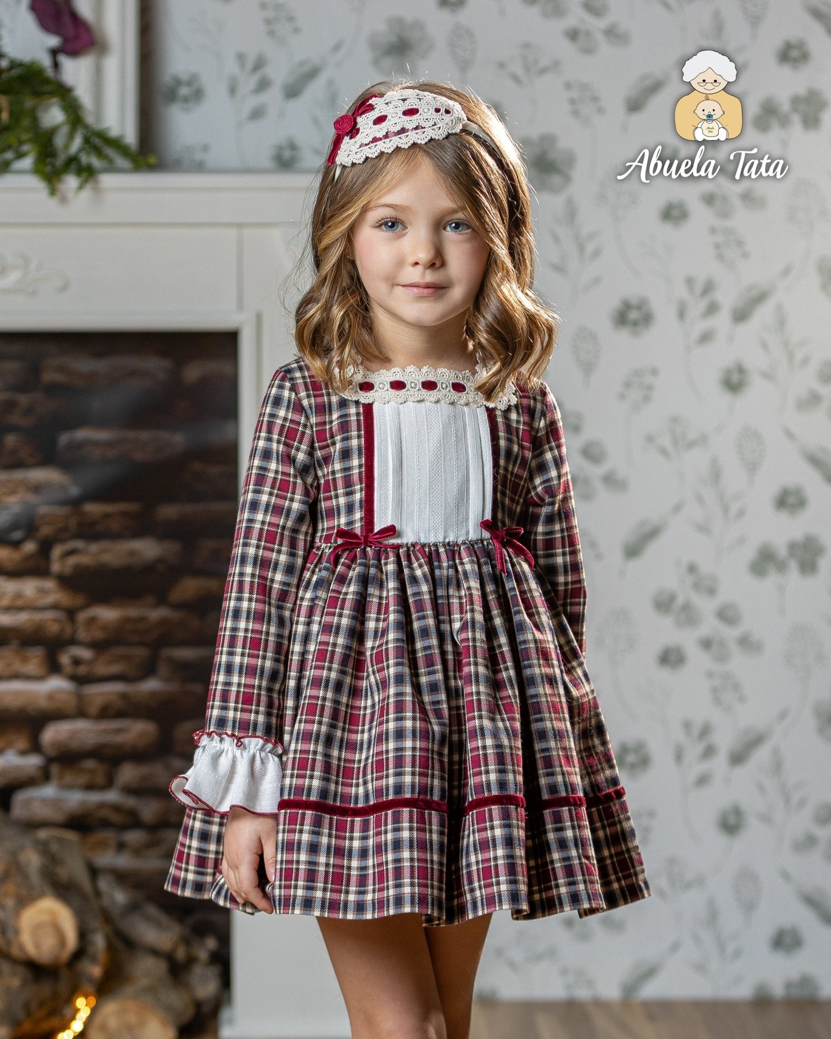 Abuela Tata AW25 - Girls Burgundy Check Dress & Headpiece