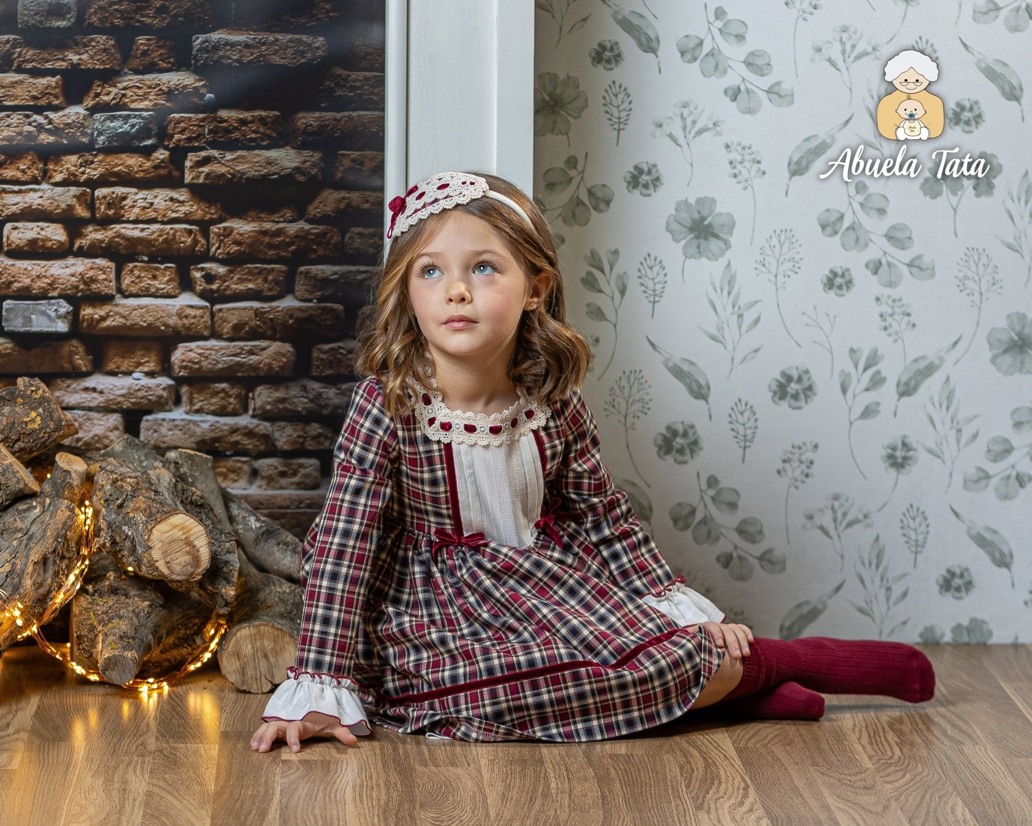 Abuela Tata AW25 - Girls Burgundy Check Dress & Headpiece