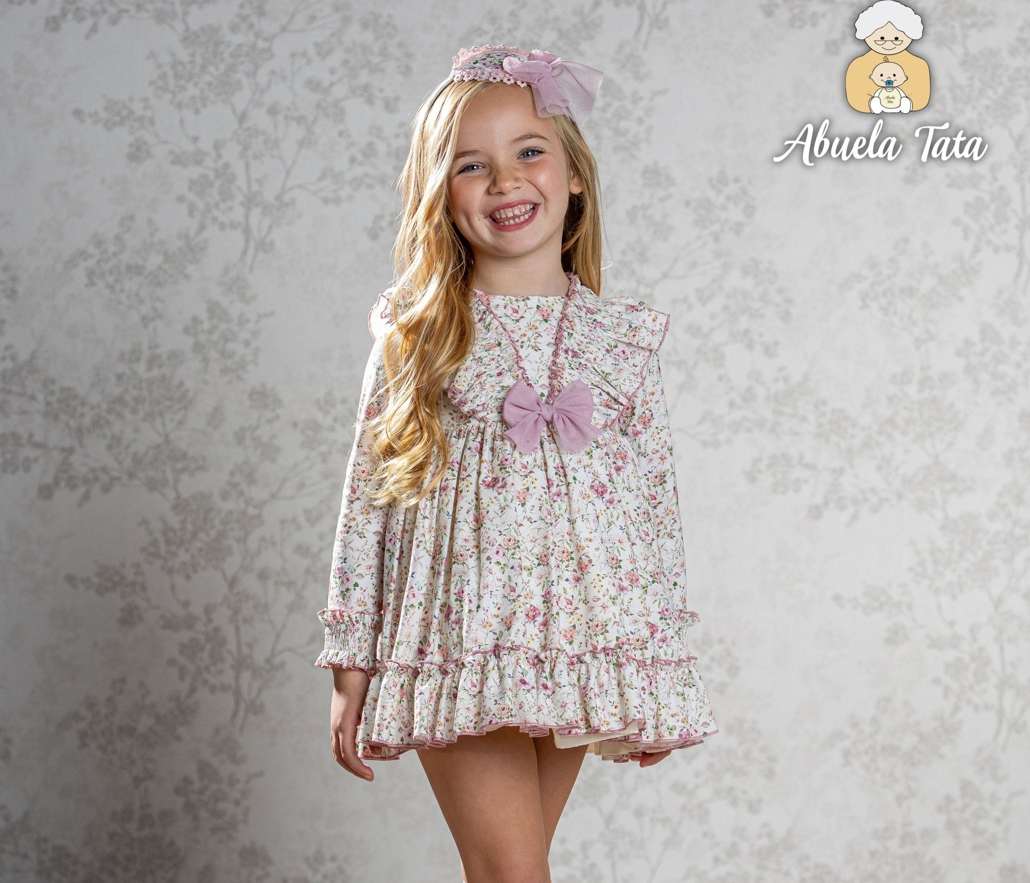 Abuela Tata AW25 - Girls English Rose Floral Print Dress & Headpiece
