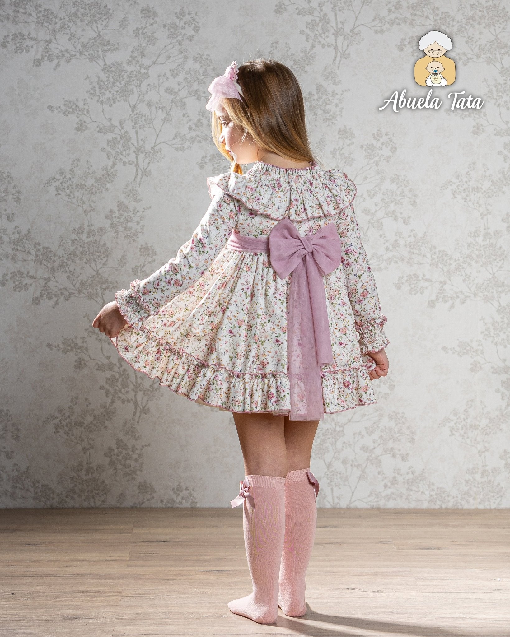 Abuela Tata AW25 - Girls English Rose Floral Print Dress & Headpiece