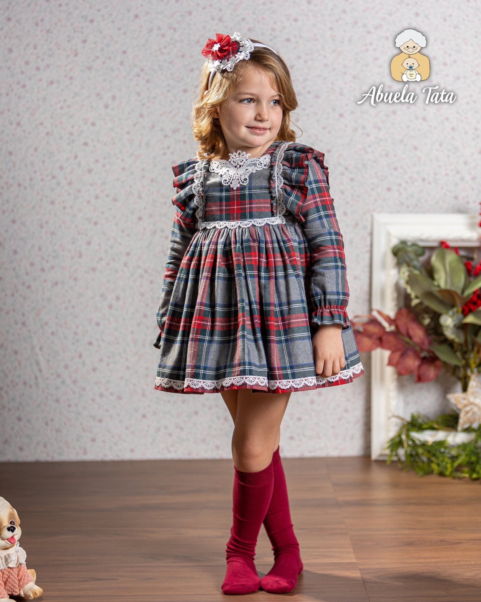 Abuela Tata AW25 - Girls Grey & Red Tartan Dress & Headpiece
